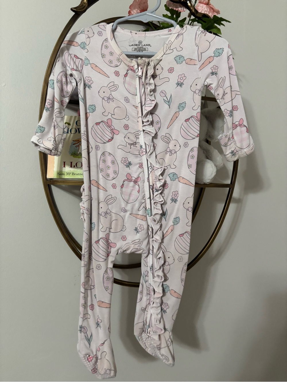 Caden Lane Pink Bunny & Easter Egg Ruffle Footed One-Piece